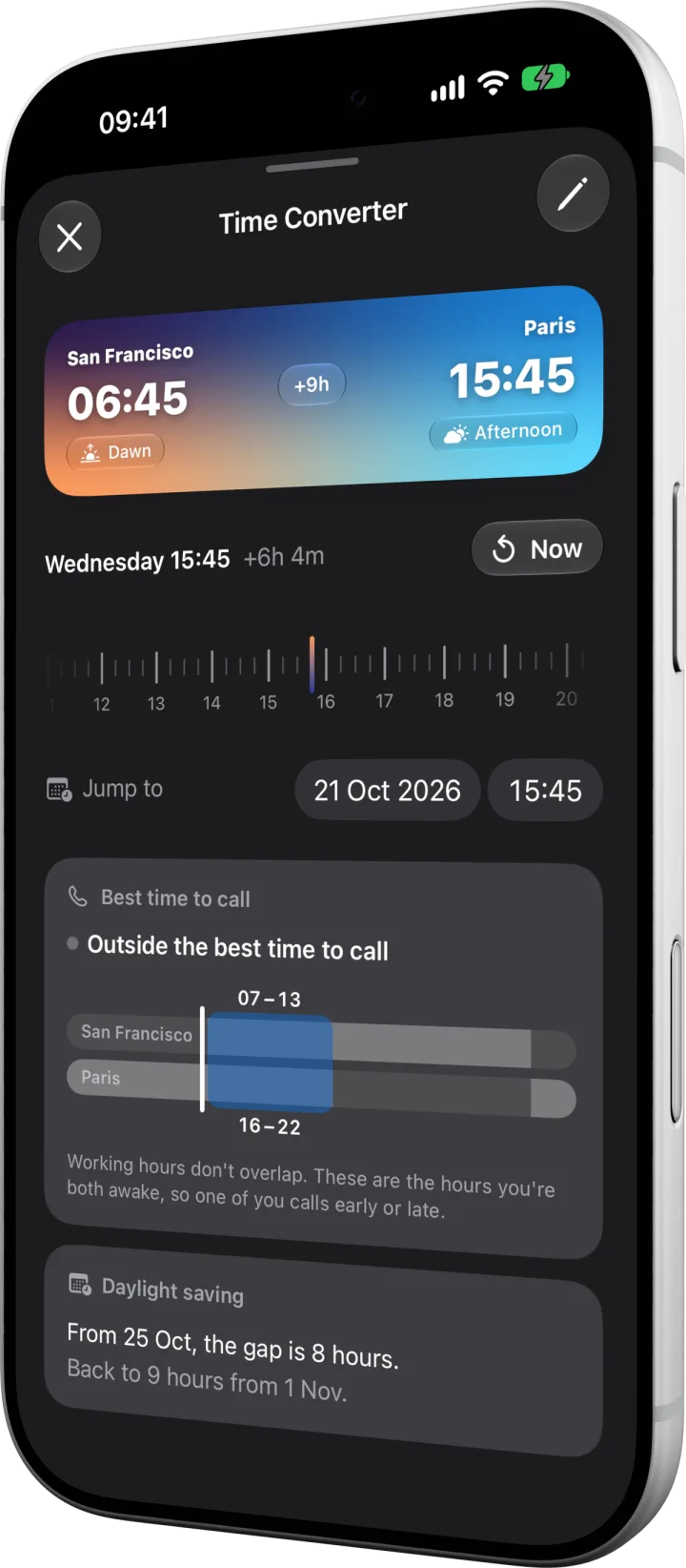 Timo's Time Converter: San Francisco at 06:45 and Paris at 15:45, with the dial, the best time to call and the next daylight-saving change