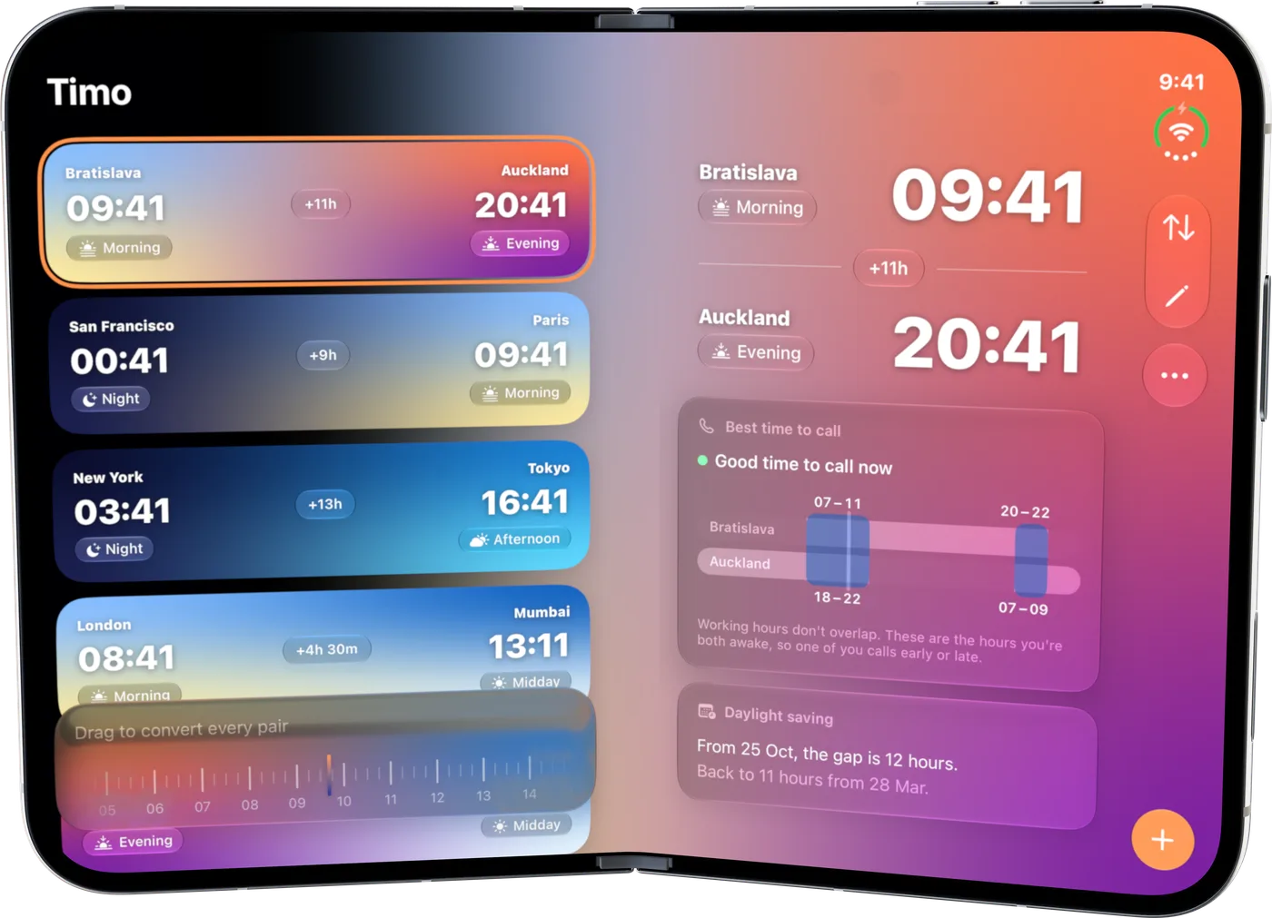 Timo on iPhone Duo, unfolded: the list of city pairs on the left, Bratislava and Auckland open on the right with the best time to call