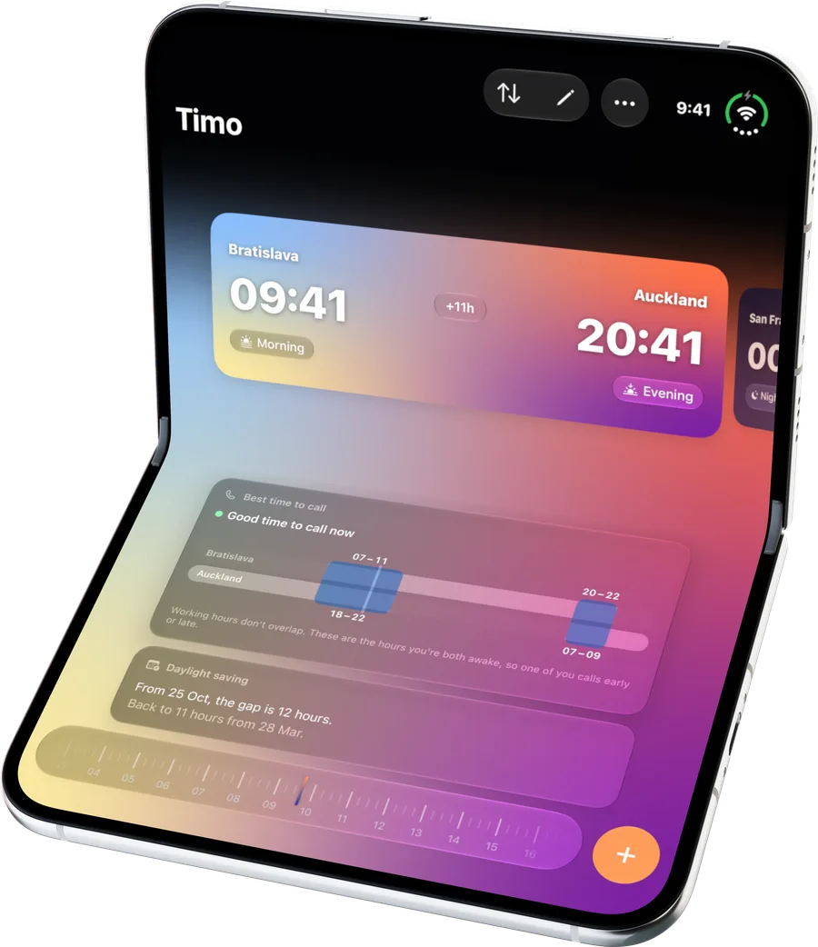 Timo on iPhone Duo, half-folded: a carousel of pairs on the top half, the best time to call and daylight saving on the bottom