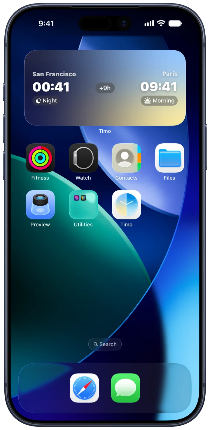 Timo Home Screen widget showing San Francisco at night and Paris in the morning
