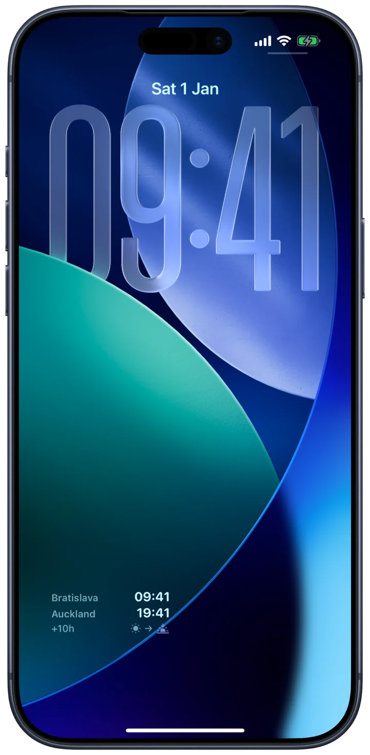 Timo Lock Screen widget showing Bratislava and Auckland