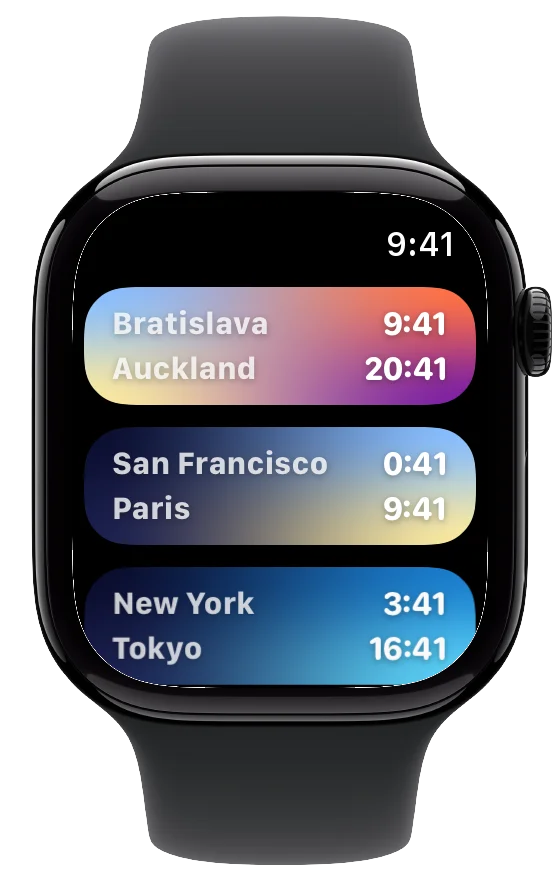 Timo on Apple Watch: Bratislava and Auckland, San Francisco and Paris, New York and Tokyo, each card coloured by its time of day