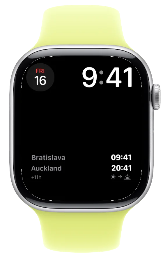 A watch face at 9:41 with Timo's pair complication: Bratislava 09:41, Auckland 20:41, +11h
